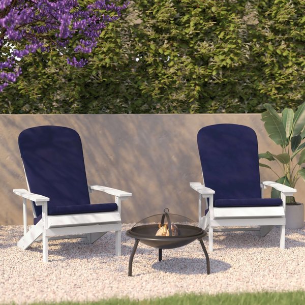 Flash Furniture White Adirondack Chairs with Blue Cushions, 2PK 2-JJ-C14501-CSNBL-WH-GG